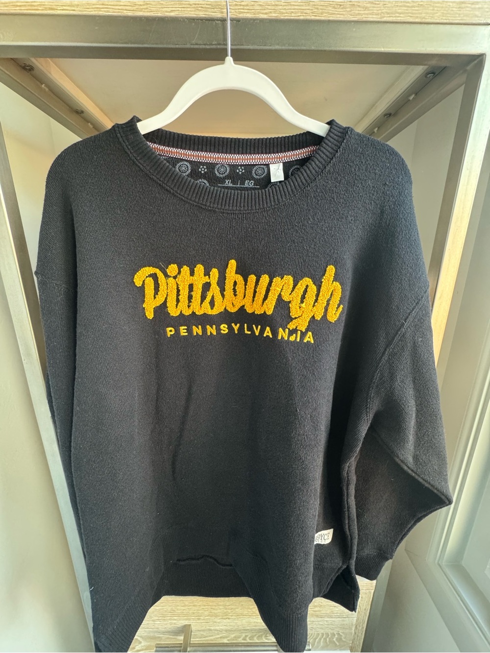 Black Crewneck Sweater with Yellow Pittsburgh Embroidery